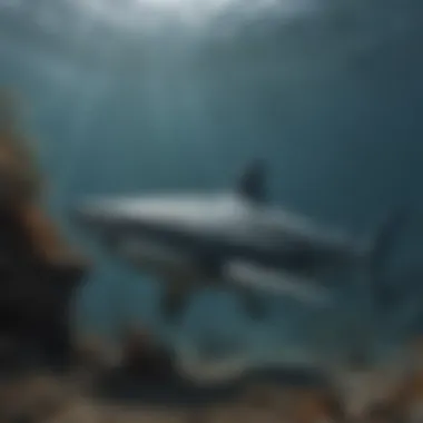 An artistic representation of a megalodon hunting in its habitat.