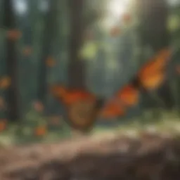 Monarch butterflies in flight during migration