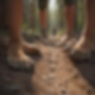A young explorer examining mountain lion tracks in the forest