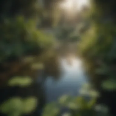 Lush vegetation surrounding a clear pond illustrating the role of plants in water purification