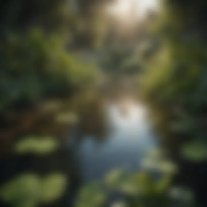 Lush vegetation surrounding a clear pond illustrating the role of plants in water purification