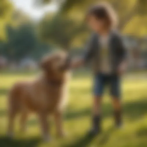 Child happily playing with a dog in a park