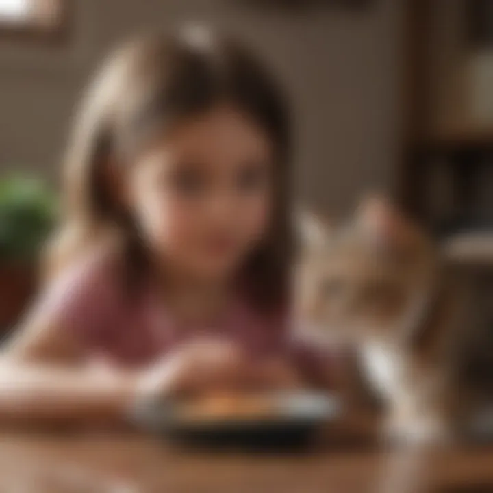 Young girl feeding a cat with care