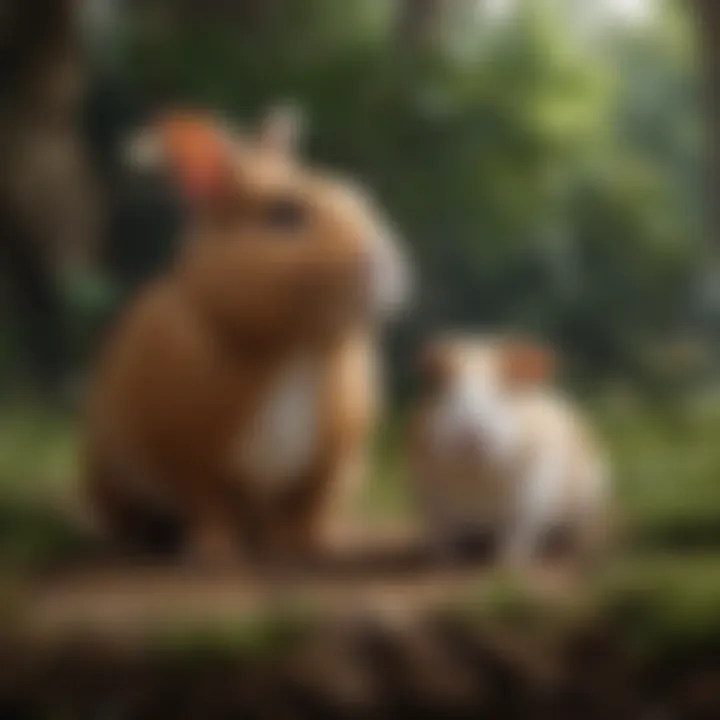 A rabbit and a guinea pig interacting in their habitat