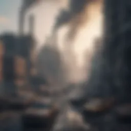 A polluted cityscape showcasing smog and industrial waste