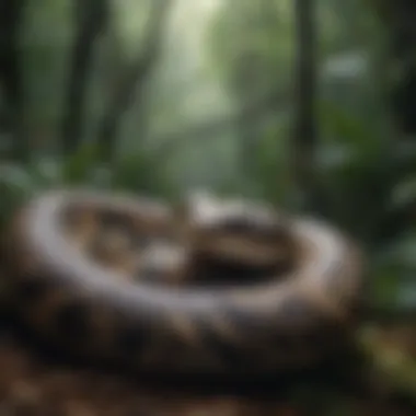 Python in Tropical Ecosystem A python coiled in a dense tropical forest showcasing its natural habitat