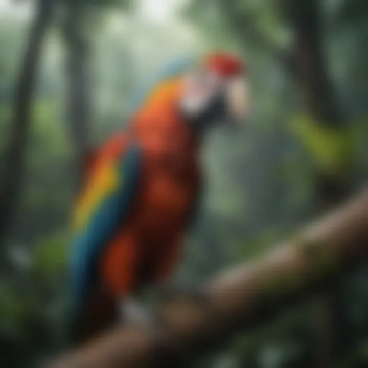 Colorful macaw perched on a tree branch in the rainforest