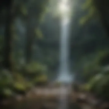 Waterfall cascading through dense foliage in the rainforest