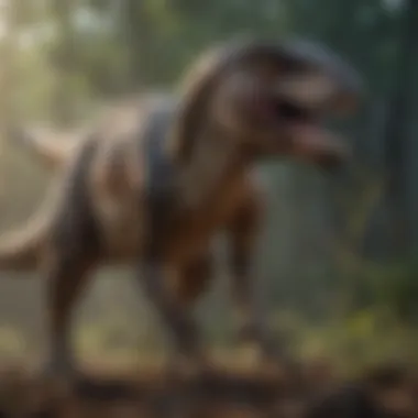 A dynamic scene depicting raptor dinosaurs hunting their prey.