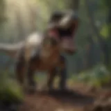 An artistic representation of a raptor dinosaur in its natural habitat.