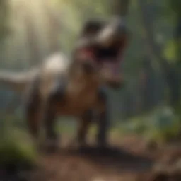 An artistic representation of a raptor dinosaur in its natural habitat.