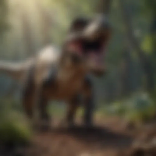 An artistic representation of a raptor dinosaur in its natural habitat.