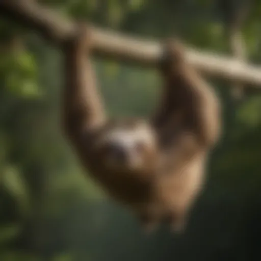 A sloth hanging from a tree branch, showcasing its unique claws