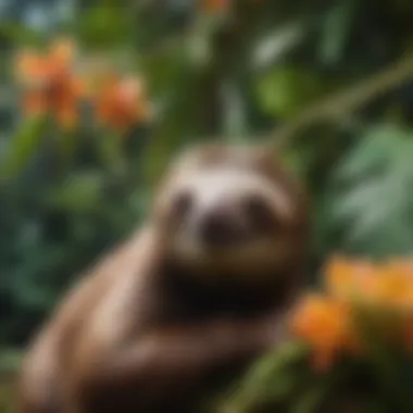 Sloths and Their Ecological Role A sloth resting on a branch surrounded by colorful tropical flora