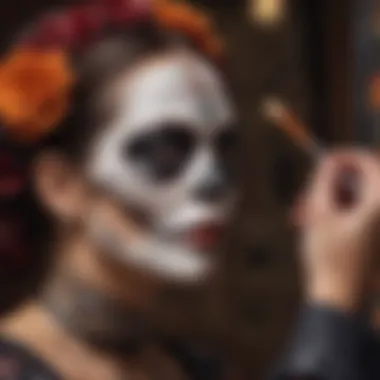 Close-up of an artist applying Day of the Dead paint to a canvas