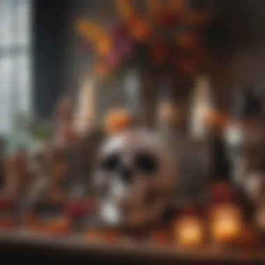 Artistic representation of a traditional altar adorned with Day of the Dead items