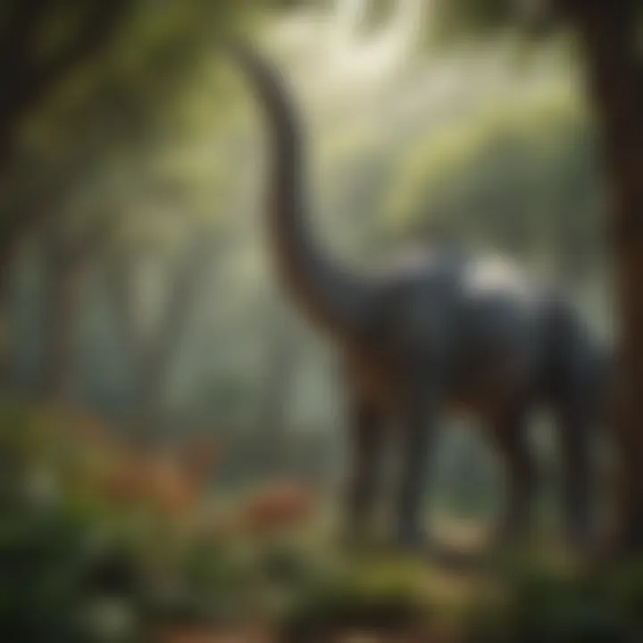 An artistic representation of the Brachiosaurus feeding on tall trees, highlighting its dietary habits.