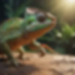 A chameleon capturing its prey with its long tongue