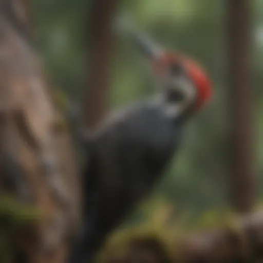 A pileated woodpecker perched on a tree trunk