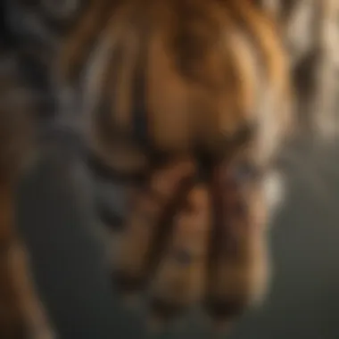 A close-up of a tiger's paw with visible claw marks, emphasizing its predatory nature.