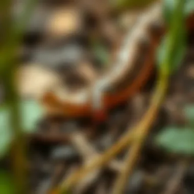 Close-up of earthworm feeding on decomposing leaves