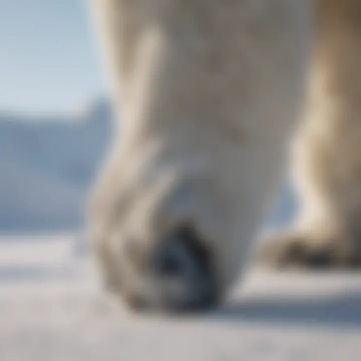 Close-up of a polar bear's paw on snow