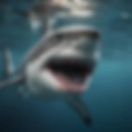 A majestic great white shark swimming in clear blue waters