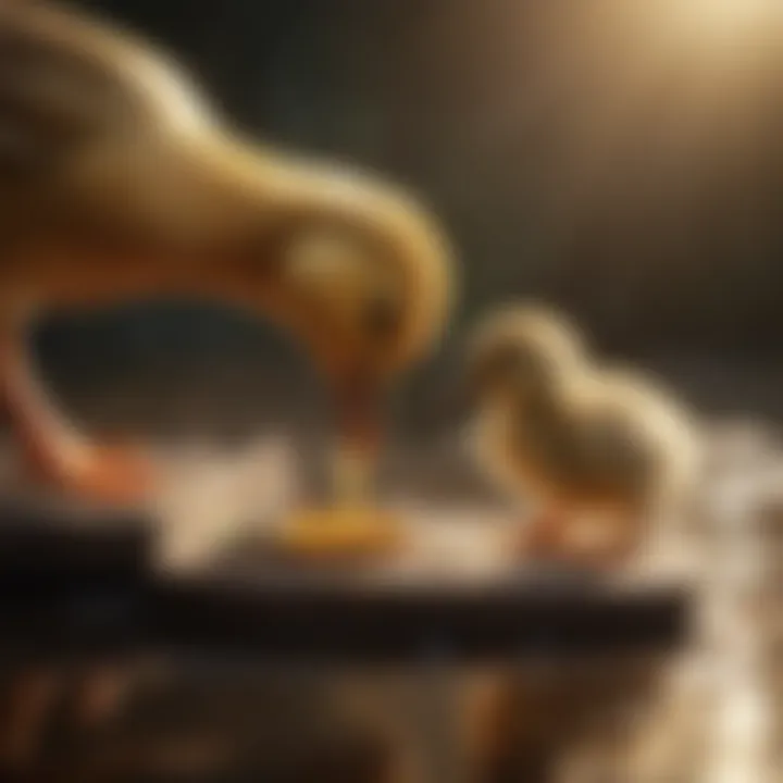 Duckling eating from a feeder