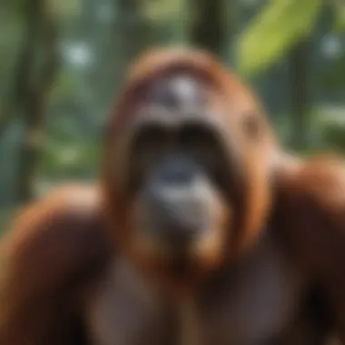 The Natural Habitat of Orangutans A serene orangutan in a lush rainforest habitat