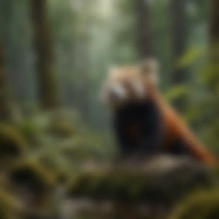 A lush mountain forest, representing the natural habitat of red pandas