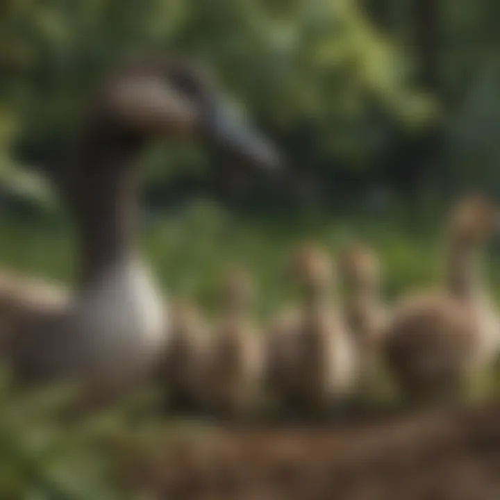 A close-up of a female Canadian goose with her goslings in a lush habitat.