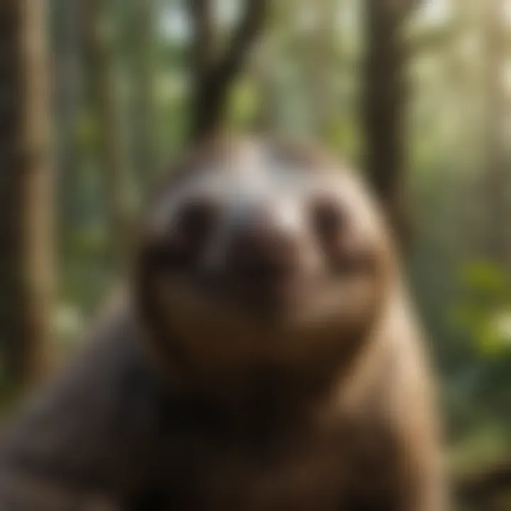 An illustration showing the threats to sloth habitats including deforestation and climate change.