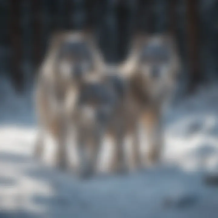Wolves traversing a snow-covered landscape