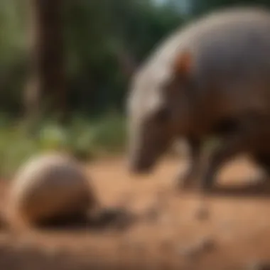 A close-up view of an armadillo foraging for food