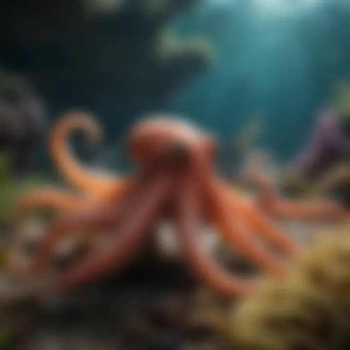 A vibrant underwater scene with various octopus species in their natural habitat.