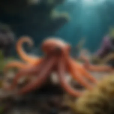 Octopuses in Their Marine Ecosystem A vibrant underwater scene with various octopus species in their natural habitat.