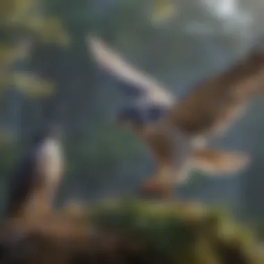 Illustration of the breeding cycle of peregrine falcons in their natural habitat