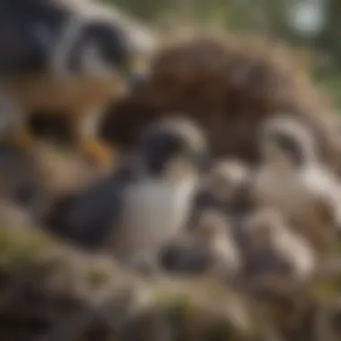 Close-up of peregrine falcon nest with chicks and parent birds