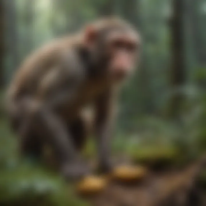 A monkey foraging for food in a dense forest environment