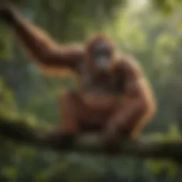 A solitary orangutan perched on a branch in its natural rainforest habitat.