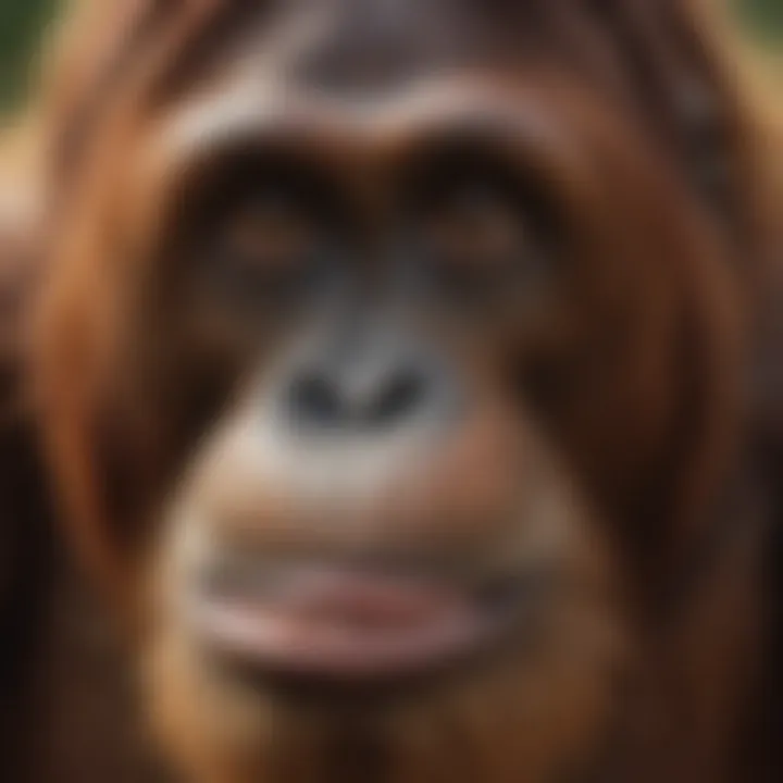 A close-up of an orangutan displaying its intelligent expression and unique features.