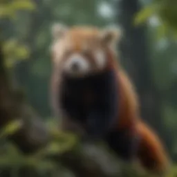 A striking portrait of a red panda perched on a tree branch