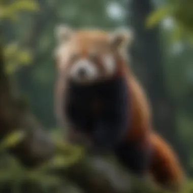 A striking portrait of a red panda perched on a tree branch