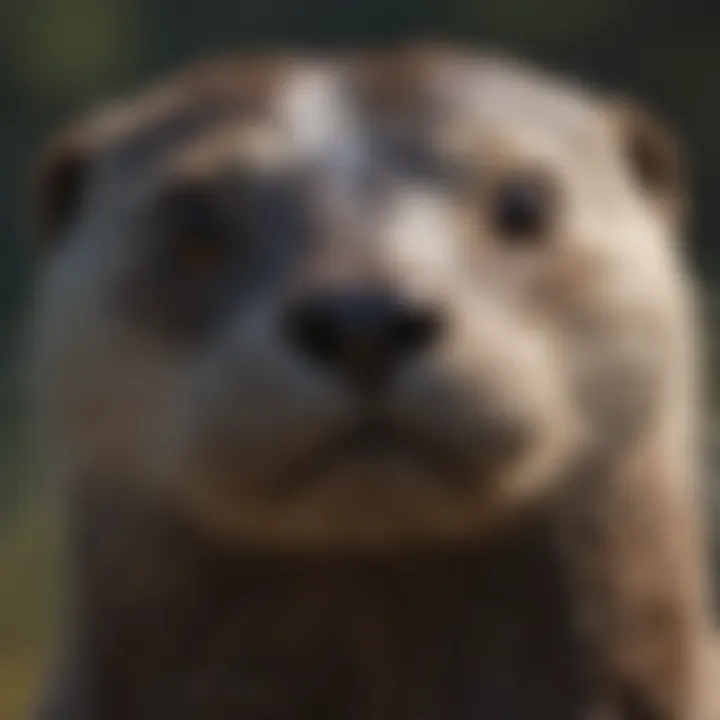 A close-up of a river otter's whiskers and eyes, showcasing its playful expression.