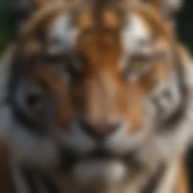 A close-up of a tiger's face showcasing its powerful features