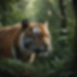A tiger stalking through dense foliage