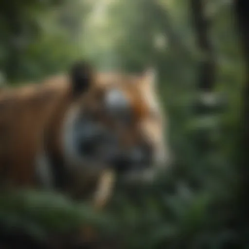 A tiger stalking through dense foliage