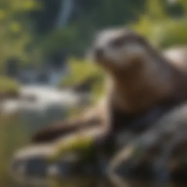 River Otter in Habitat A river otter resting on a rock beside a river, representing its natural habitat.