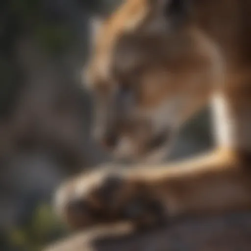 A close-up view of a mountain lion's powerful paws.