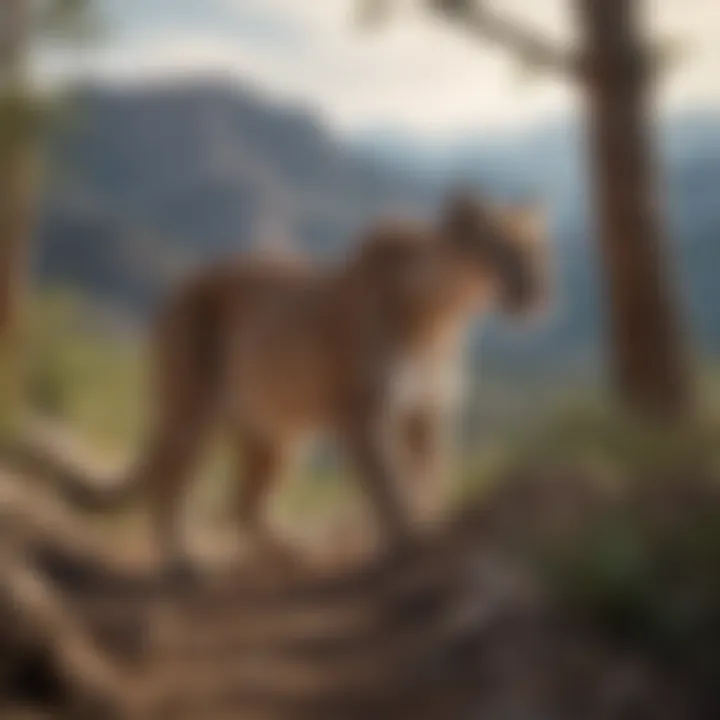 A mountain lion prowling through a diverse landscape.